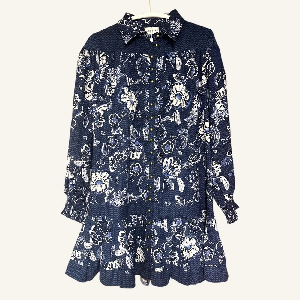 NWT Miss June Paris Blue Floral Paisley Button Front‎ Tiered Ruffle Dress OS